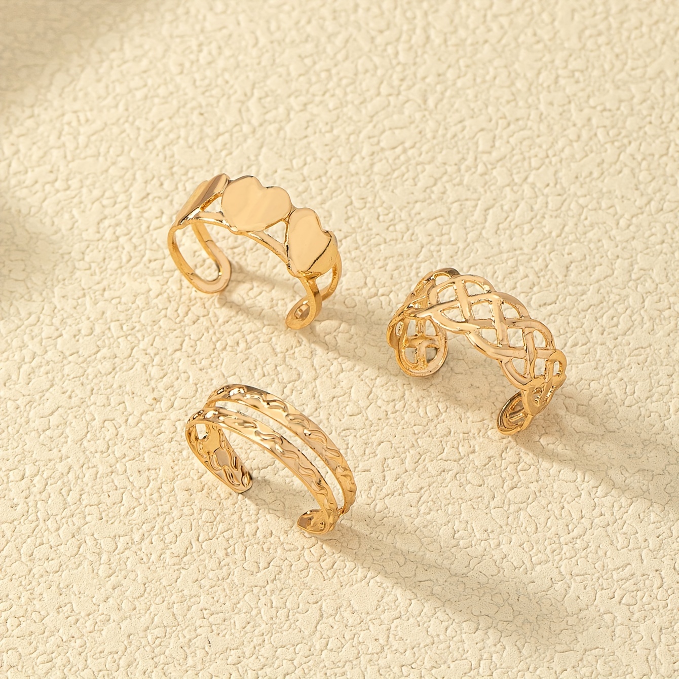 3pcs Love Heart Hollow Adjustable Toe Ring Set Casual Style Body Jewelry